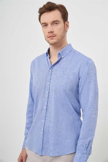 Morven Erkek Lacivert Keten Düz Desen Düğmeli Yaka Slim Fit Gömlek - photo 2