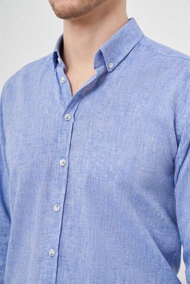 Morven Erkek Lacivert Keten Düz Desen Düğmeli Yaka Slim Fit Gömlek - photo 3