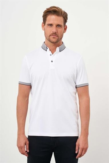 Morven Erkek Beyaz Trend Merserize Düz Düğmeli Yaka Dynamic Fit T-Shirt - fotoğraf 1