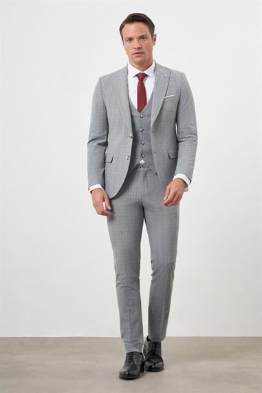 Morven Erkek Gri Poliviskon Trend Yelekli Ekoseli Slim Fit  Sivri Yaka Takım Elbise - photo 1