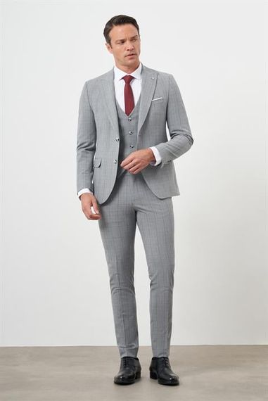 Morven Erkek Gri Poliviskon Trend Yelekli Ekoseli Slim Fit  Sivri Yaka Takım Elbise - photo 2