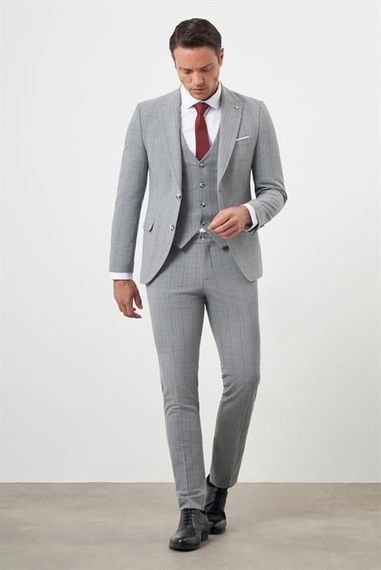 Morven Erkek Gri Poliviskon Trend Yelekli Ekoseli Slim Fit  Sivri Yaka Takım Elbise - photo 3