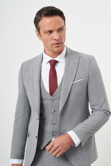 Morven Erkek Gri Poliviskon Trend Yelekli Ekoseli Slim Fit  Sivri Yaka Takım Elbise - photo 5