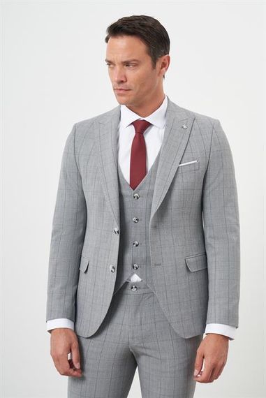 Morven Erkek Gri Poliviskon Trend Yelekli Ekoseli Slim Fit  Sivri Yaka Takım Elbise - photo 4