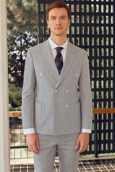 Мужской голубой льняной приталенный пиджак с острым воротником, 87% хлопок, 11% лен, 2% лайкра, двойной разрез, без подкладки - фото 1