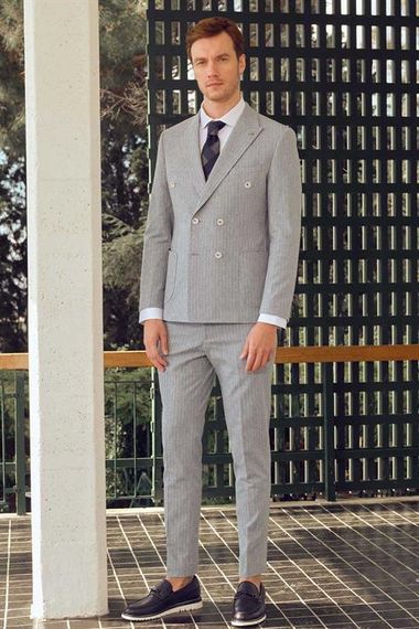 Мужской голубой льняной приталенный пиджак с острым воротником, 87% хлопок, 11% лен, 2% лайкра, двойной разрез, без подкладки - фото 2