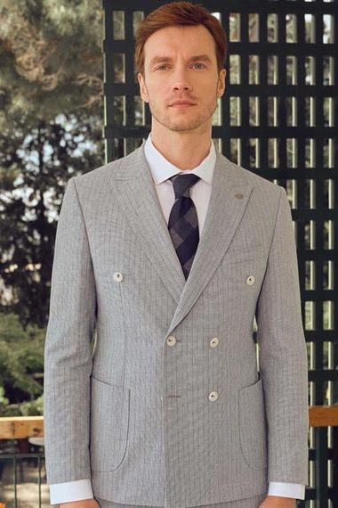 Мужской голубой льняной приталенный пиджак с острым воротником, 87% хлопок, 11% лен, 2% лайкра, двойной разрез, без подкладки - фото 3