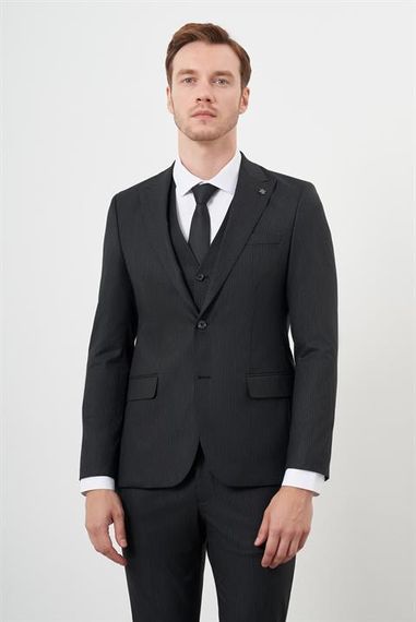 Morven Erkek Siyah Poliviskon Trend Yelekli Çizgili Desen Slim Fit  Sivri Yaka Takım Elbise - photo 4