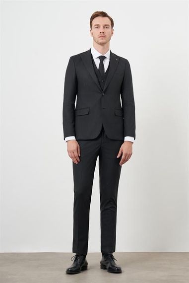 Morven Erkek Siyah Poliviskon Trend Yelekli Çizgili Desen Slim Fit  Sivri Yaka Takım Elbise - photo 1