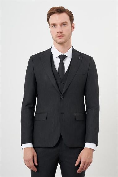 Morven Erkek Siyah Poliviskon Trend Yelekli Çizgili Desen Slim Fit  Sivri Yaka Takım Elbise - photo 3