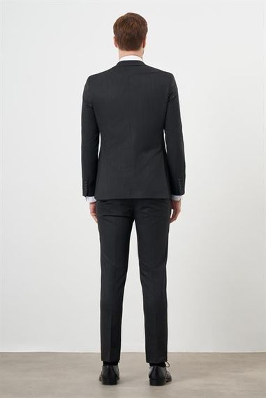 Morven Erkek Siyah Poliviskon Trend Yelekli Çizgili Desen Slim Fit  Sivri Yaka Takım Elbise - photo 5