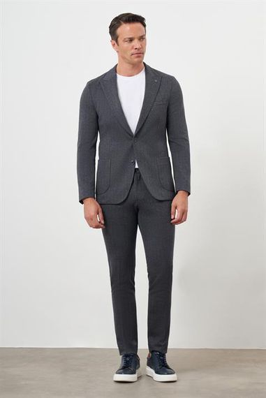 Morven Erkek Füme Poliviskon Trend Çizgili Desen Slim Fit Sivri Yaka Takım Elbise - fotoğraf 2