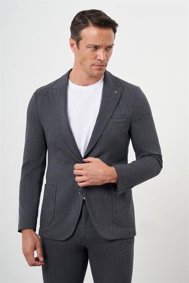 Morven Erkek Füme Poliviskon Trend Çizgili Desen Slim Fit Sivri Yaka Takım Elbise - fotoğraf 3