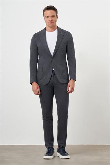 Morven Erkek Füme Poliviskon Trend Çizgili Desen Slim Fit Sivri Yaka Takım Elbise - fotoğraf 1