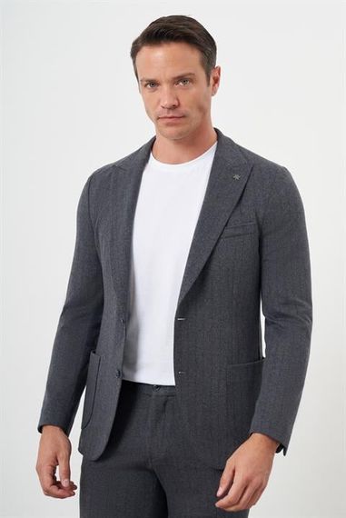 Morven Erkek Füme Poliviskon Trend Çizgili Desen Slim Fit Sivri Yaka Takım Elbise - fotoğraf 4