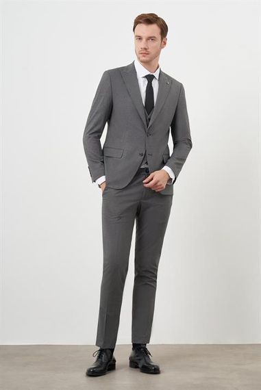 Morven Erkek Füme Poliviskon Trend Yelekli Desenli Slim Fit Sivri Yaka Takım Elbise - fotoğraf 3