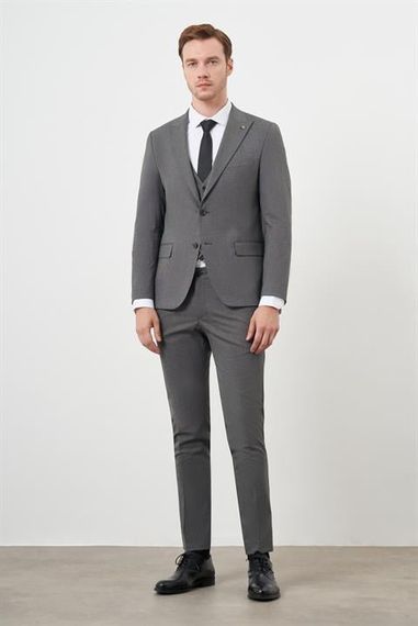 Morven Erkek Füme Poliviskon Trend Yelekli Desenli Slim Fit Sivri Yaka Takım Elbise - fotoğraf 2