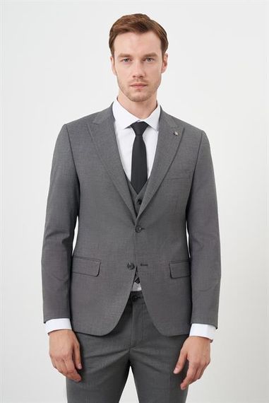 Morven Erkek Füme Poliviskon Trend Yelekli Desenli Slim Fit Sivri Yaka Takım Elbise - fotoğraf 4