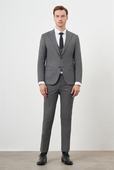 Morven Erkek Füme Poliviskon Trend Yelekli Desenli Slim Fit Sivri Yaka Takım Elbise - fotoğraf 1