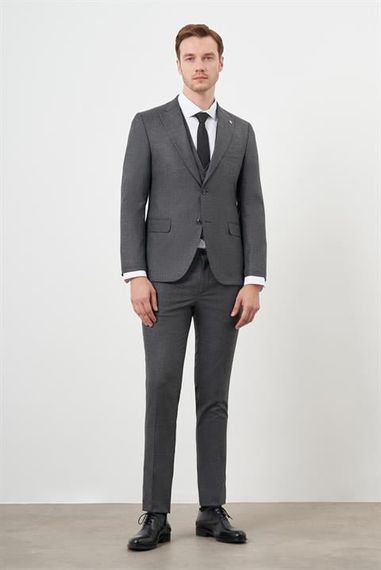 Morven Erkek Siyah Poliviskon Trend Yelekli Desenli Slim Fit Sivri Yaka Takım Elbise - photo 1