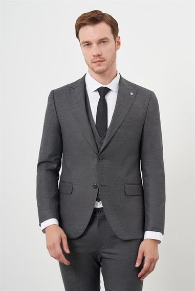 Morven Erkek Siyah Poliviskon Trend Yelekli Desenli Slim Fit Sivri Yaka Takım Elbise - photo 4