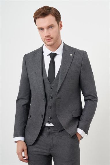 Morven Erkek Siyah Poliviskon Trend Yelekli Desenli Slim Fit Sivri Yaka Takım Elbise - photo 5