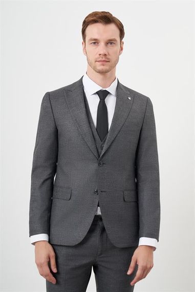 Morven Erkek Siyah Poliviskon Trend Yelekli Desenli Slim Fit Sivri Yaka Takım Elbise - photo 3