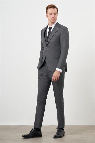 Morven Erkek Siyah Poliviskon Trend Yelekli Desenli Slim Fit Sivri Yaka Takım Elbise - photo 2