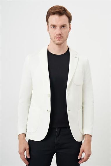 Morven Erkek Beyaz Örme Slim Fit Torba Cep Mono Yaka Spor Ceket - fotoğraf 3