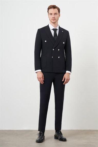 Morven Erkek Siyah Polyamide Trend Kruvaze Slim Fit Sivri Yaka Takım Elbise - photo 1