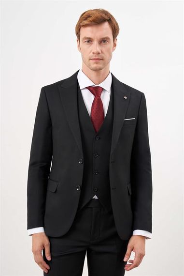 Morven Erkek Siyah Poliviskon Basic Yelekli Jakar Desen Slim Fit Sivri Yaka Takım Elbise - fotoğraf 1