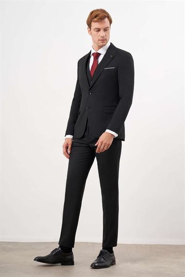 Morven Erkek Siyah Poliviskon Basic Yelekli Jakar Desen Slim Fit Sivri Yaka Takım Elbise - fotoğraf 4