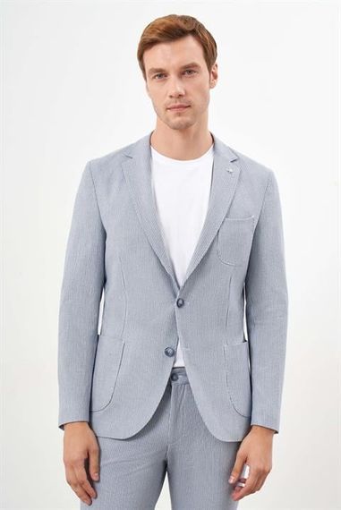 Мужской костюм Morven, узкий покрой, полосатый, однотонный воротник, 62% полиэстер, 33% вискоза, 5% лайкра, 56-46 размеры, цвет А. МАВИ - фото 1