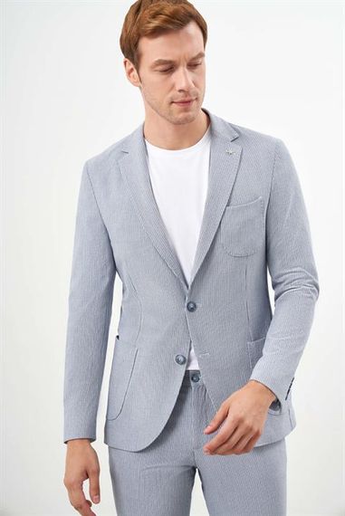 Мужской костюм Morven, узкий покрой, полосатый, однотонный воротник, 62% полиэстер, 33% вискоза, 5% лайкра, 56-46 размеры, цвет А. МАВИ - фото 3