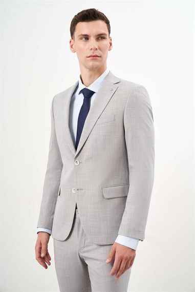 Мужской костюм с узором в полоску, Slim Fit, однохлопковый, синего цвета, 44% полиэстер, 36% хлопок, 17% вискоза, 3% эластан - фото 1