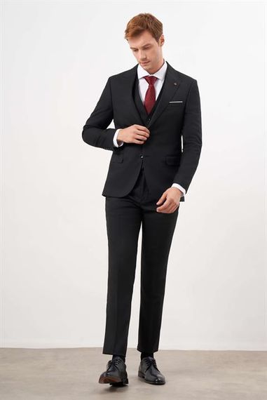 Morven Erkek Siyah Poliviskon Basic Yelekli Jakar Desen Slim Fit Sivri Yaka Takım Elbise - fotoğraf 2