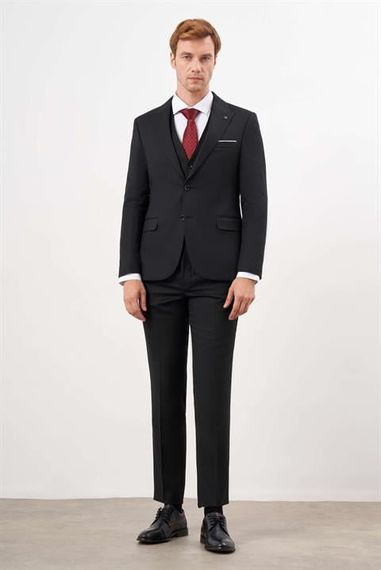 Morven Erkek Siyah Poliviskon Basic Yelekli Jakar Desen Slim Fit Sivri Yaka Takım Elbise - fotoğraf 3
