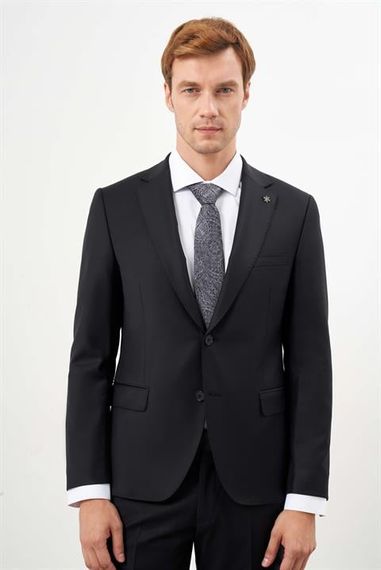 Morven Erkek Siyah Yünlü Platinium Düz Desen Slim Fit Mono Yaka Takım Elbise - photo 1