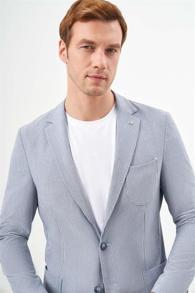 Мужской костюм Morven, узкий покрой, полосатый, однотонный воротник, 62% полиэстер, 33% вискоза, 5% лайкра, 56-46 размеры, цвет А. МАВИ - фото 4
