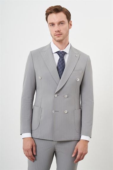 Morven Erkek Gri Polyamide Trend Kruvaze Slim Fit Sivri Yaka Takım Elbise - photo 3