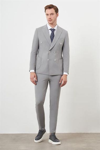 Morven Erkek Gri Polyamide Trend Kruvaze Slim Fit Sivri Yaka Takım Elbise - photo 2