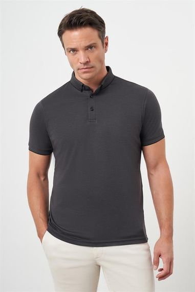 Men's Black Dynamic Fit Mercerized Plain Buttoned Collar T-Shirt - photo 2