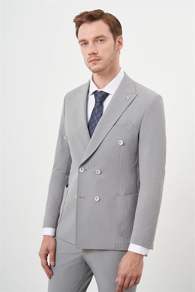 Morven Erkek Gri Polyamide Trend Kruvaze Slim Fit Sivri Yaka Takım Elbise - photo 5