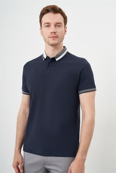 Чоловіча темно-синя футболка з коміром-поло, динамічною посадкою, коротким рукавом і ґудзиками, 100% бавовна, сучасний стиль - фото 3