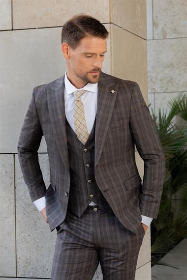 Morven Erkek KAHVE Poliviskon Trend Yelekli Ekoseli Slim Fit  Sivri Yaka Takım Elbise - fotoğraf 1