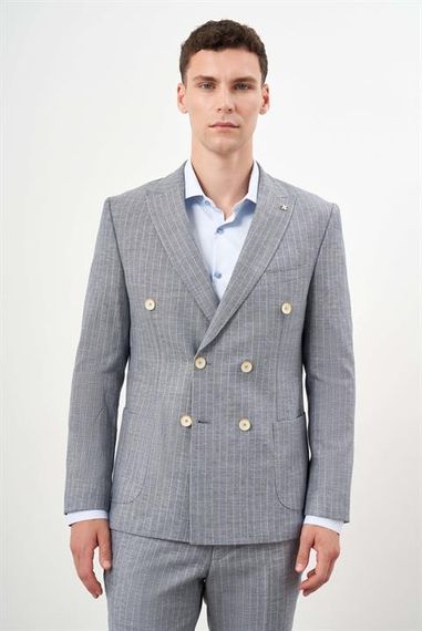 بدلة رجالية كتان داكنة زرقاء قصّة ضيقة كروفاز مع ياقة مدببة - صورة 1