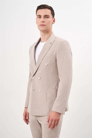 Morven Erkek KAHVE Keten Trend Kruvaze Slim Fit Sivri Yaka Takım Elbise - photo 3