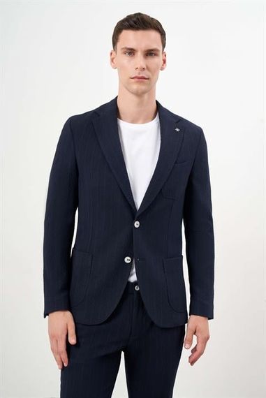 Morven Erkek Lacivert Poliviskon Trend Çizgili Desen Slim Fit Mono Yaka Takım Elbise - fotoğraf 1