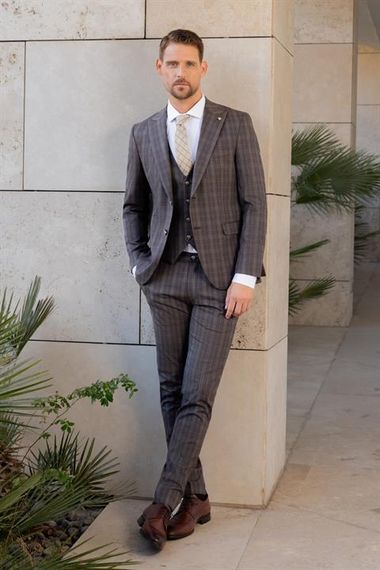 Morven Erkek KAHVE Poliviskon Trend Yelekli Ekoseli Slim Fit  Sivri Yaka Takım Elbise - fotoğraf 4