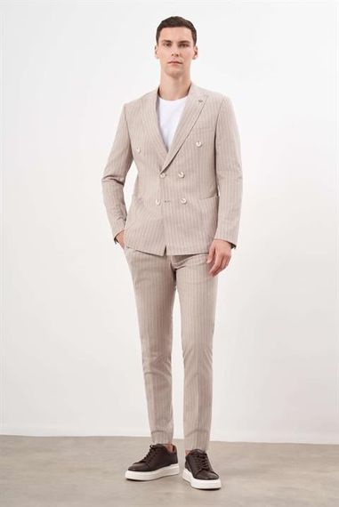 Morven Erkek KAHVE Keten Trend Kruvaze Slim Fit Sivri Yaka Takım Elbise - photo 4